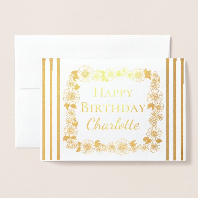 Carte Dorée Elégant cadre floral Joyeux anniversaire Real Gold (Devant avec enveloppe)