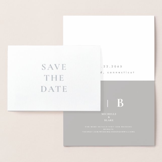 Carte Dorée Élégant Monogramme Argent et Blanc Save the Date (Affichage)