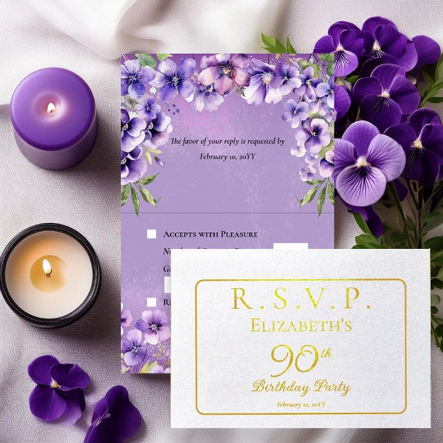 Carte Dorée Elegant Purple Violets Floral Birthday Party RSVP (Elegant Purple Violets Floral 90th Birthday Party RSVP Foil Invitation Folded Insert Enclosure Card)