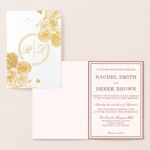 Carte Dorée Élégant Rose or Monogramme Mariage Real