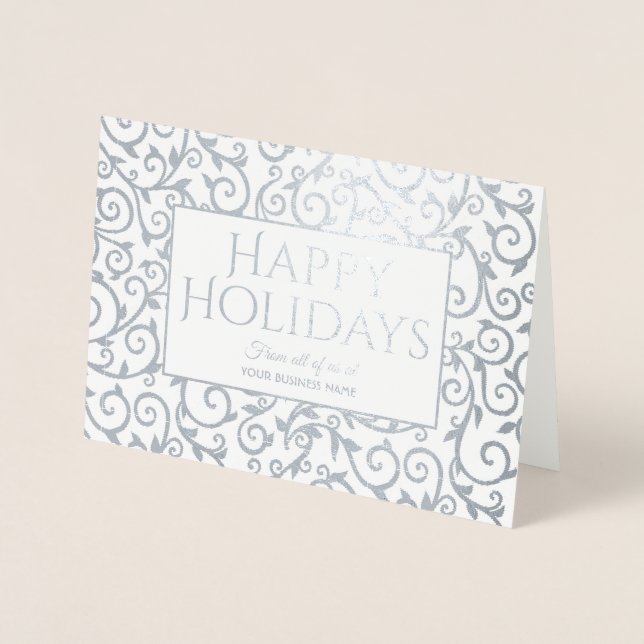Carte Dorée Élégant Silver Damask Holiday Entreprise (Devant)