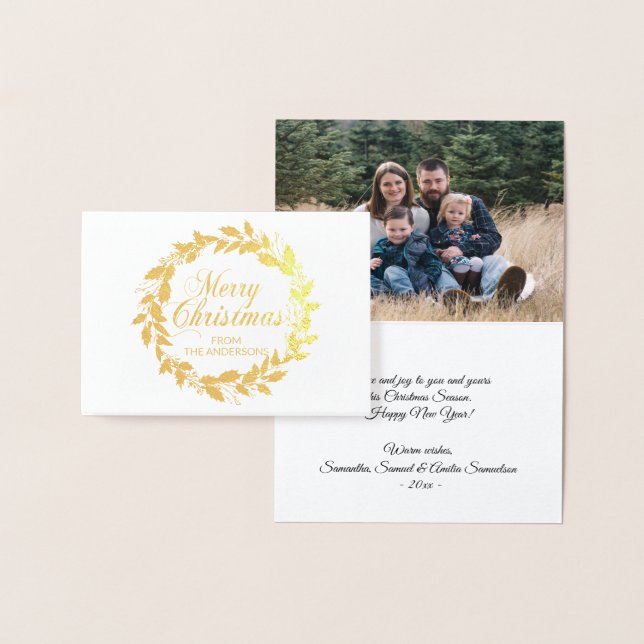 Carte Dorée Élégante Merry Christmas Wreath Holly Family PHOTO (Affichage)