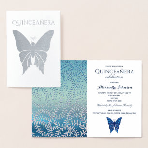 Carte Dorée Elégante Quinceanera d'Argent Papillon Bleu