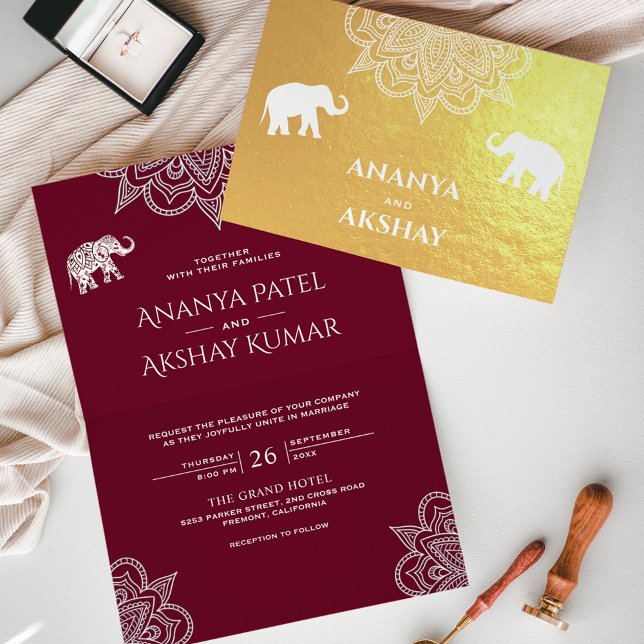 Carte Dorée Élément de mariage indien éléphant henné Bourgogne (Créateur téléchargé)