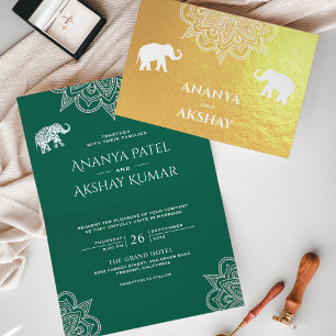 Carte Dorée Éléphant au henné vert Mariage indien Or