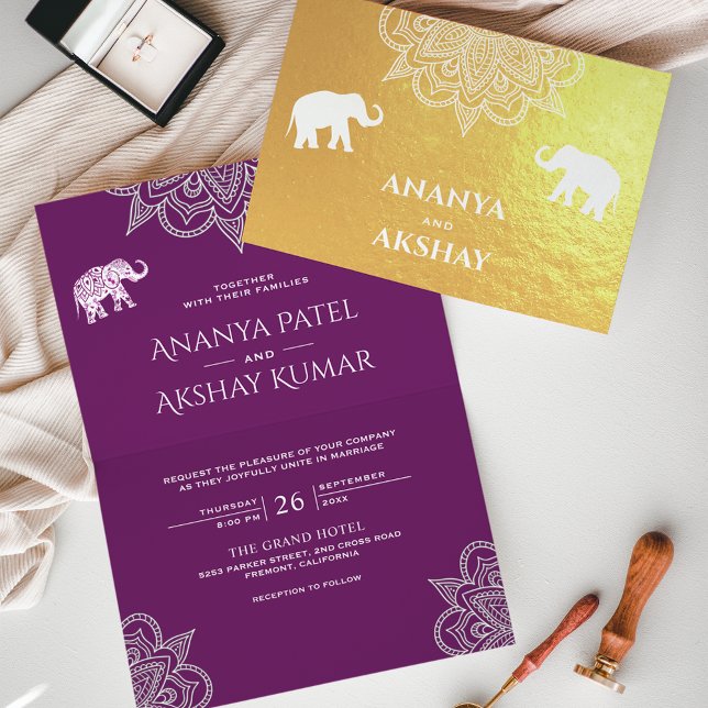 Carte Dorée Éléphant Henna Violet Mariage Indien Or (Créateur téléchargé)