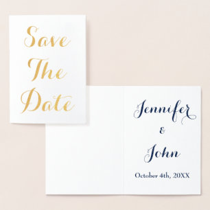 Carte Dorée Enregistrer la date Gold Foil Blue White Elegant