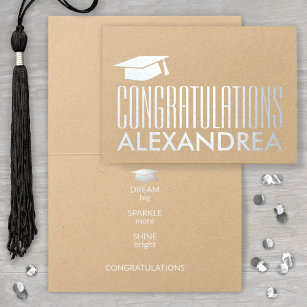 Carte Dorée Félicitations Nom Graduation Moderne Argent Réel
