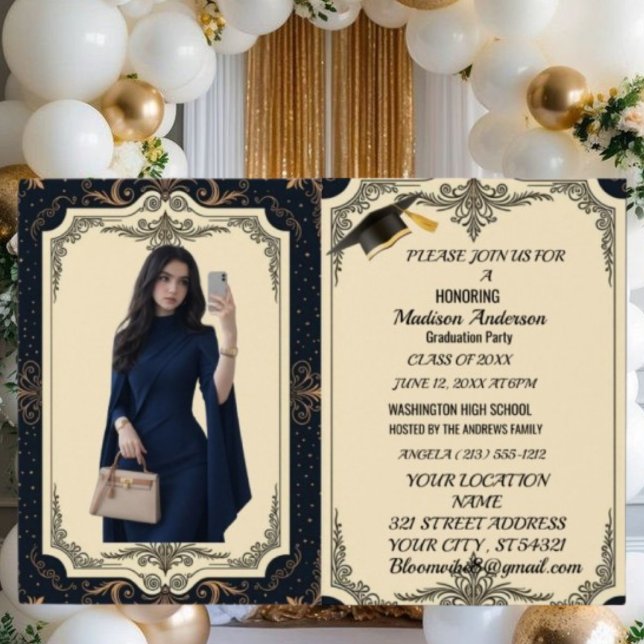 Carte Dorée Fête de remise de diplômes Marbre Bleu Or Aquarell (Créateur téléchargé)