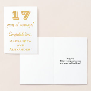 Carte Dorée Feuille d'Or 17e Anniversaire de Mariage + Noms Pe