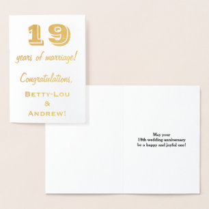Carte Dorée Feuille d'Or 19e Anniversaire de Mariage + Noms Pe