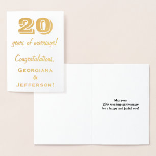 Carte Dorée Feuille d'Or 20e Anniversaire de Mariage + Noms Pe
