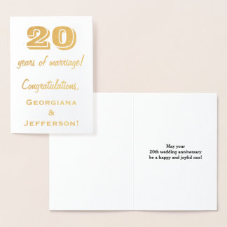 Carte Dorée Feuille d'Or 20e Anniversaire de Mariage + Noms Pe