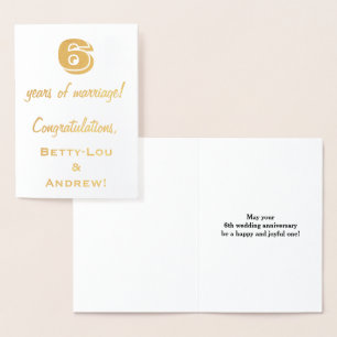 Carte Dorée Feuille d'Or 6e Anniversaire de Mariage + Noms Per