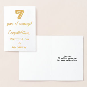Carte Dorée Feuille d'Or 7e Anniversaire de Mariage + Noms Per