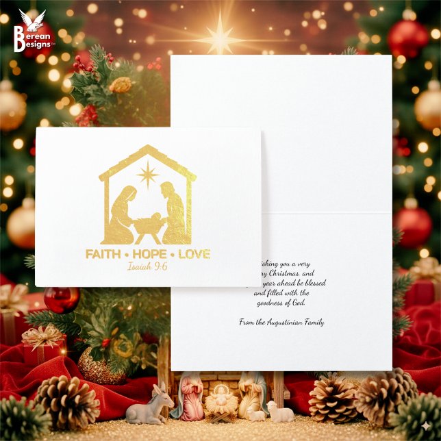 Carte Dorée FOI HOPE LOVE Christian Noël Nativité Or (Stylish gold foil Christian Christmas Nativity card based on FAITH HOPE LOVE. Customizable text.)