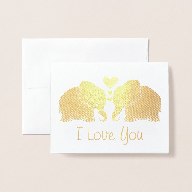 Carte Dorée Gold Elephant Pair Avec Coeurs Je Vous Aime (Devant avec enveloppe)