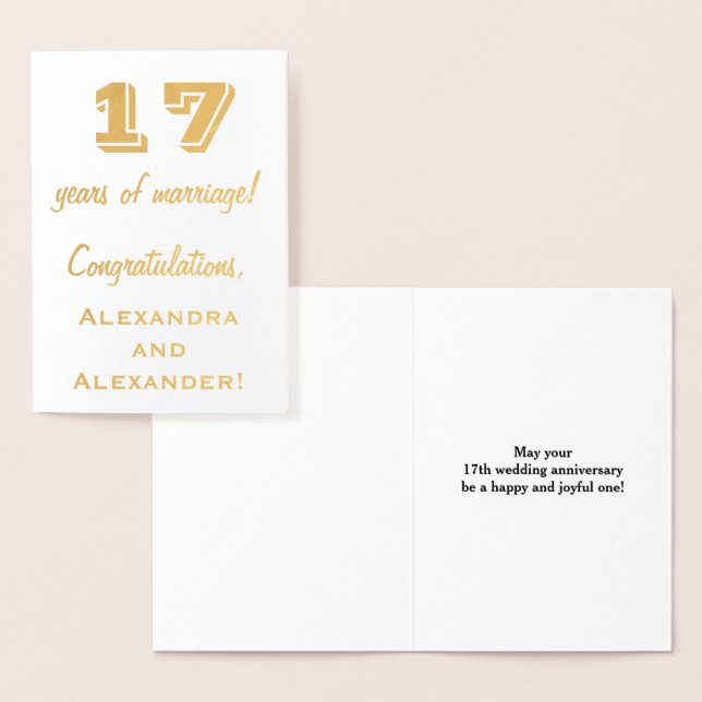 Carte Dorée Gold Foil 17e anniversaire du Mariage + noms perso (Affichage)