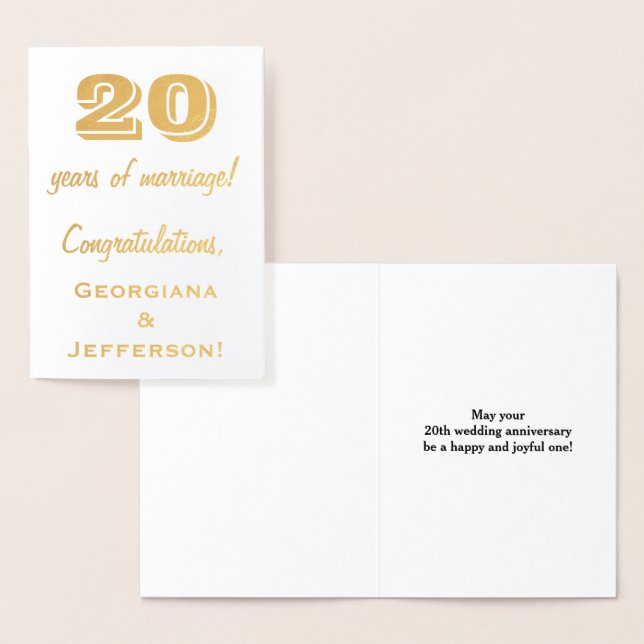 Carte Dorée Gold Foil 20e anniversaire de Mariage + Noms perso (Affichage)