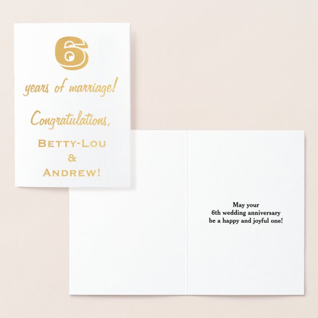 Carte Dorée Gold Foil 6e anniversaire Mariage + noms personnal (Affichage)