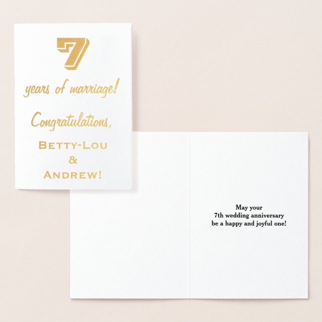 Carte Dorée Gold Foil 7e anniversaire du Mariage + noms person (Affichage)