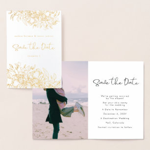 Carte Dorée Gold Foil Calligraphie Floral Photo Enregistrer La