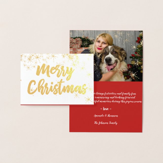Carte Dorée Gold Foil Joyeux Script de Noël Foto Hearts Neige (Affichage)