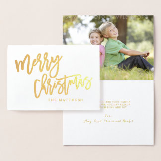 Carte Dorée Gold Foil Script Joyeux Noël Photo de vacances