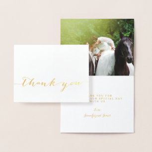 Carte Dorée Gold Foil Simple Script Mariage Photo Merci