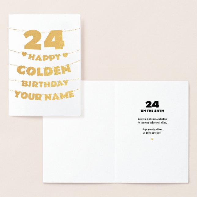Carte Dorée Happy Golden Birthday, 24th Birthday Gold Foil  (Affichage)
