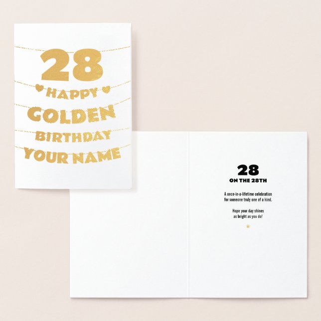 Carte Dorée Happy Golden Birthday, 28th Birthday Gold Foil  (Affichage)