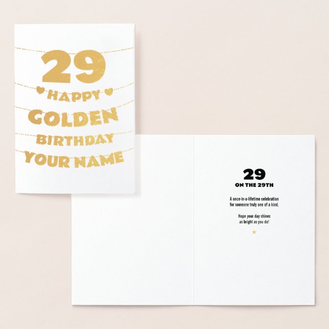 Carte Dorée Happy Golden Birthday, 29th Birthday Gold Foil  (Affichage)