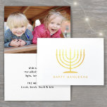 Carte Dorée Heureux Hanoukka moderne minimaliste Menorah une p<br><div class="desc">Souhaitez à la famille et aux amis les cadeaux simples de lumière et d'amour pour Hanoukka avec une carte photo personnalisée élégante pliée. Tout le texte sur ce modèle (y compris "Happy Hanoukka" sur le devant) est simple à customiser avec n'importe quel libellé. Le design en papier peint noir, blanc...</div>