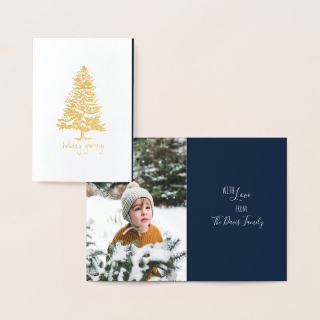 Carte Dorée Hiver Pine Tree Mini voeux de vacances avec photo (Affichage)