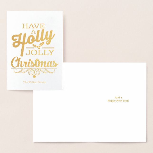 Carte Dorée Holly Jolly Noël avec nom (Affichage)