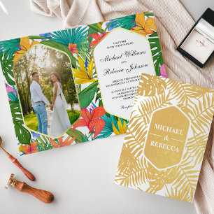 Carte Dorée Jardin coloré Gold Foil Mariage tropical Inviter