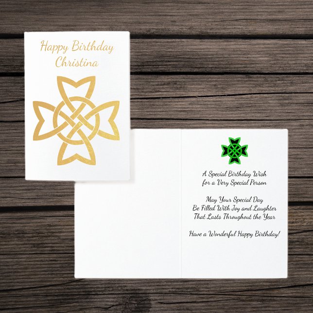 Carte Dorée Joli Gold Foil Irlandais Celtique noeud d'annivers (Gold Foil Celtic Irish knot design with green and black knot design on Happy Birthday greeting card.)
