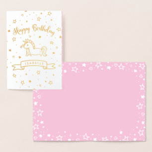 Carte Dorée Joli or de licorne et joyeux anniversaire rose -
