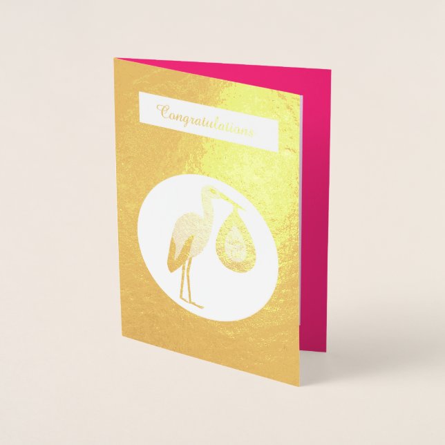 Carte Dorée Jolie chatte rose bébé fille Stork (Devant)