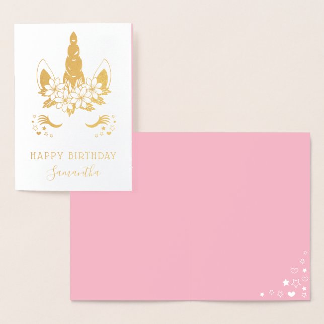 Carte Dorée Jolie Unicorne Florale Or Joyeux Anniversaire (Affichage)