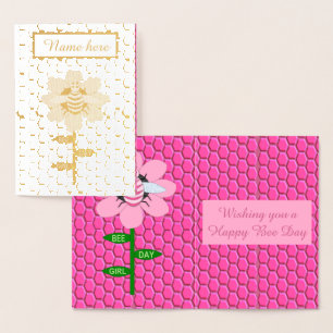 Carte Dorée Joyeuse Bee Day Girl rose Anniversaire Bumblebee C