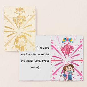 Carte Dorée Joyeuse Saint-Valentin Illustration d'un couple mi