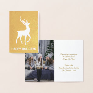Carte Dorée Joyeuses Fêtes Cerf Élégant Or Réel Feuille
