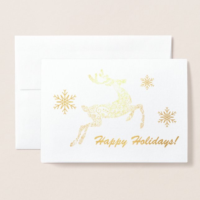 Carte Dorée Joyeuses Fêtes ! Cerf & Flocons Message personnali (Devant avec enveloppe)