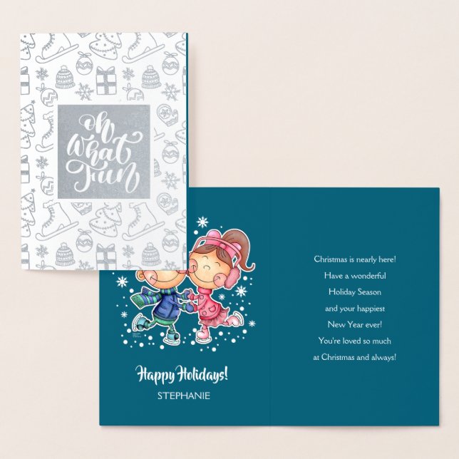 Carte Dorée Joyeuses fêtes. Enfants de patinage | Nom personna (Affichage)