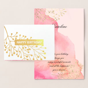 Carte Dorée Joyeux anniversaire. Aquarelle rose botanique