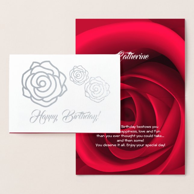 Carte Dorée Joyeux anniversaire. Elégant Rose rouge luxe (Affichage)