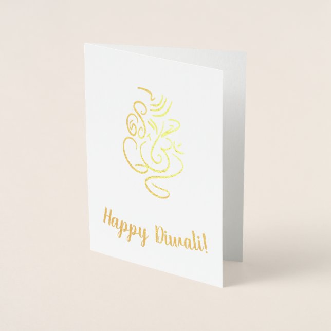 Carte Dorée Joyeux Diwali Texte avec Ganesh & Aum Foil Line Ar (Devant)