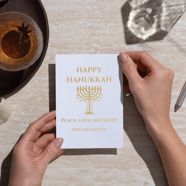 Carte Dorée Joyeux Hanukkah Ménorah Bleue et Blanche (Customize this Happy Hanukkah Gold Foil card to complete your celebration!)