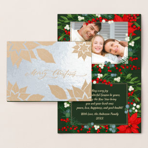 Carte Dorée Joyeux Noël. Cadre Poinsettia Luxe